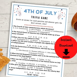 4th of July Trivia Game - 4th of July Games, Fourth of July Family Game, Independence Day Game
