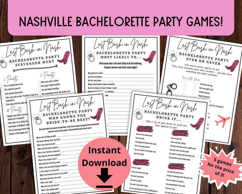 Puede incluir: Cinco juegos de despedida de soltera imprimibles con tem&aacute;tica de Nashville. Los juegos incluyen "Last Bash in Nash Bachelorette Party Scavenger Hunt", "Last Bash in Nash Bachelorette Party Most Likely To...", "Last Bash in Nash Bachelorette Party Ever or Never", "Last Bash in Nash Bachelorette Party Who Knows the Bride-to-Be Best?" y "Last Bash in Nash Bachelorette Party Drink If..." Cada juego tiene un esquema de color rosa y blanco con un gr&aacute;fico de bota rosa.