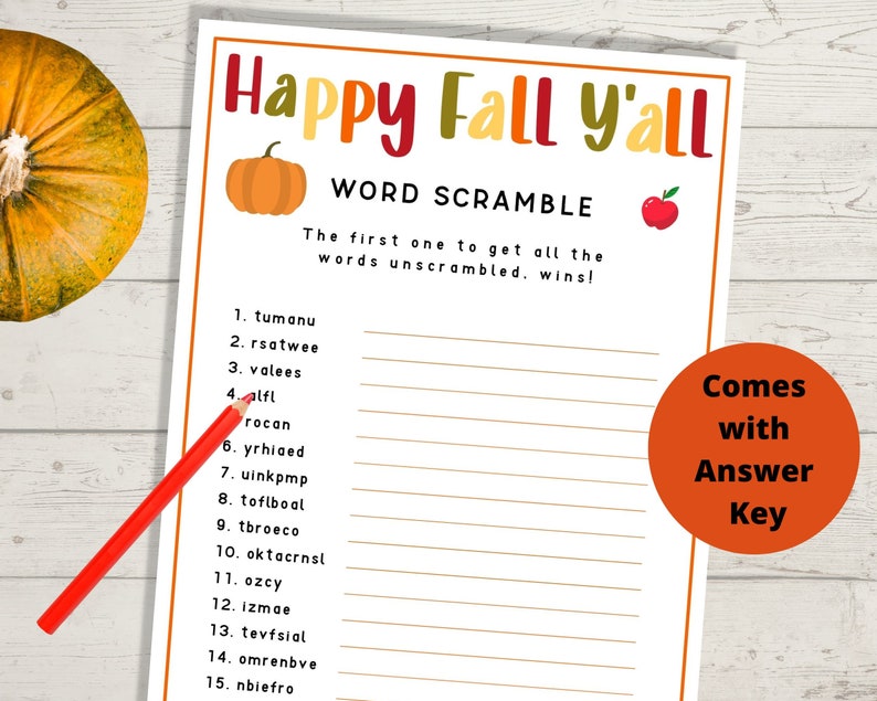 Fall Word Scramble Game - Kids Word Games, Autumn Game, Fall Printables ...