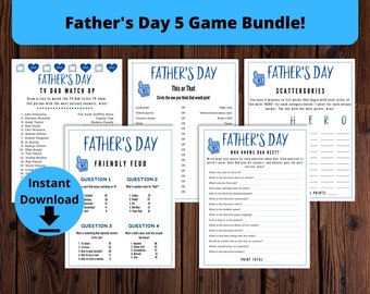 May include: A printable Father's Day game bundle featuring five different games: TV Dad Match Up, Friendly Feud, This or That, Scattergories, and Who Knows Dad Best. The games are designed to be played with a group of people and are perfect for celebrating Father's Day.