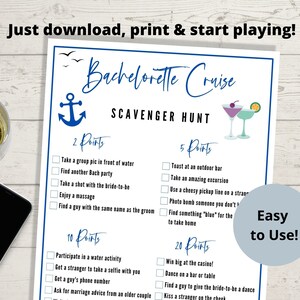 May include: A printable Bachelorette Cruise Scavenger Hunt game with a blue anchor and two cocktail glasses. The game has a list of tasks with points assigned to each task. The text "Easy to Use!" is in a blue circle on the right side of the page.