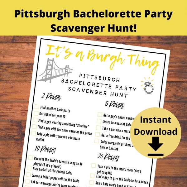 Pittsburgh Bachelorette Party Scavenger Hunt Game - Yinzer Bach Party Game, Burgh Bachelorette