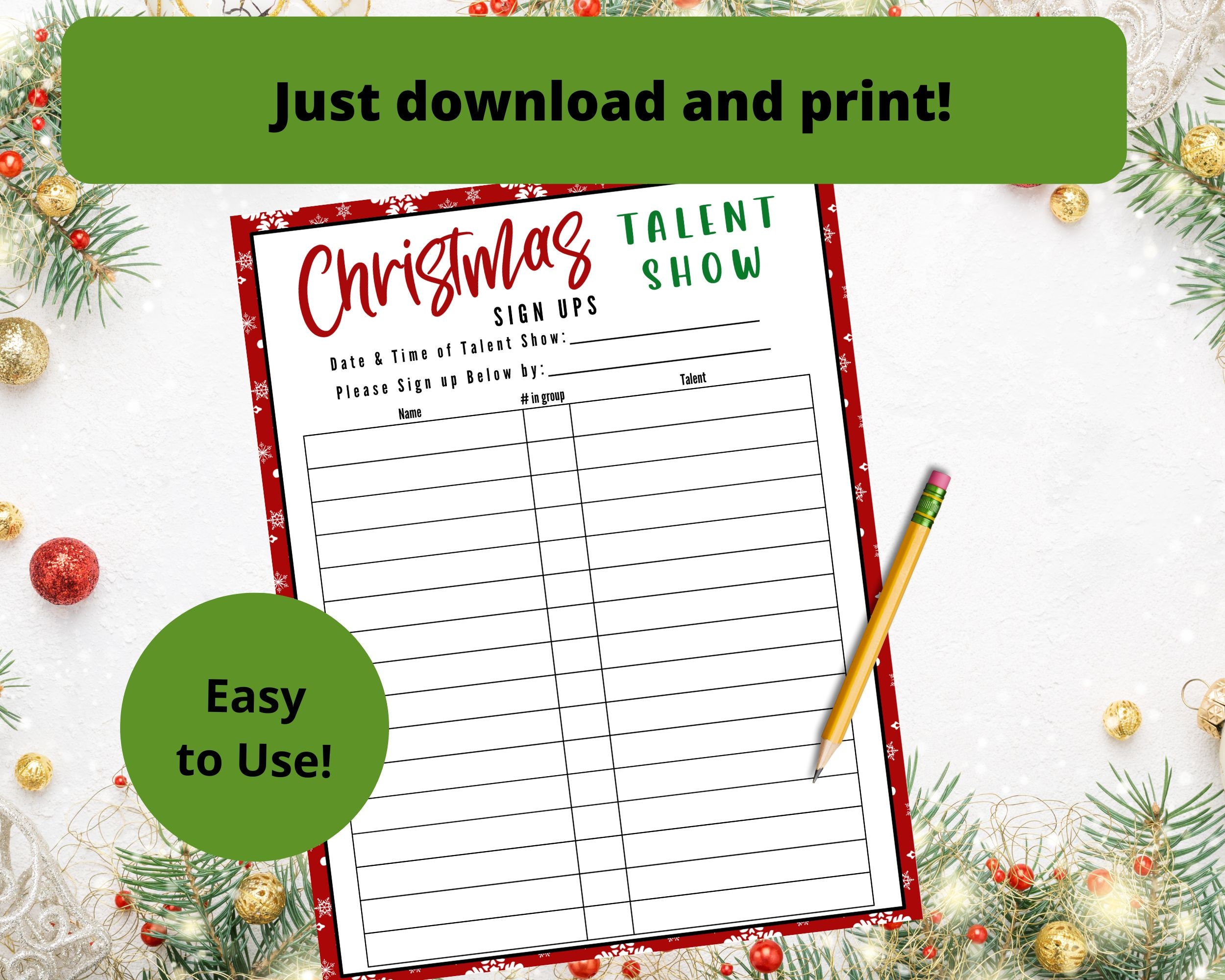 Christmas Talent Show Sign up Sheet - School Talent Show Signup, Talent ...