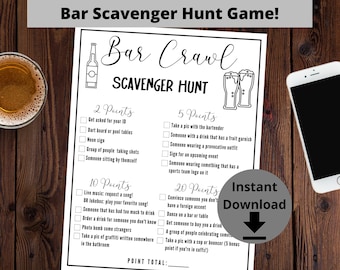 Bar Scavenger Hunt - Birthday Bar Crawl, Bachelor Party Game, Bar Game, Bar Crawl Scavenger Hunt Game