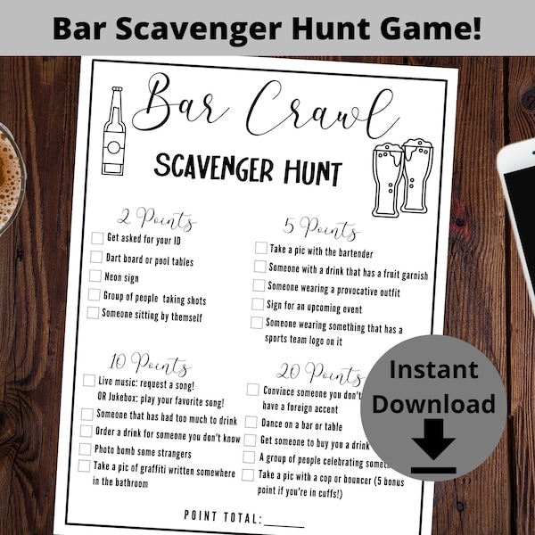 Bar Scavenger Hunt - Birthday Bar Crawl, Bachelor Party Game, Bar Game, Bar Crawl Scavenger Hunt Game