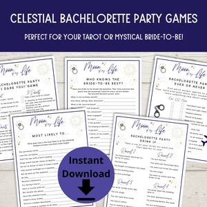 Könnte beinhalten: Ein Satz druckbarer Junggesellinnenabschiedsspiele mit einem himmlischen Thema. Die Spiele beinhalten "Ich fordere dich heraus", "Wer kennt die Braut am besten?", "Immer oder nie" und "Trink, wenn". Die Spiele zeigen ein Mond- und Sternen-Design mit goldenen und blauen Akzenten.