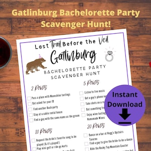 Gatlinburg Bachelorette Party Scavenger Hunt Game - Printable Last Trail Before the Veil game