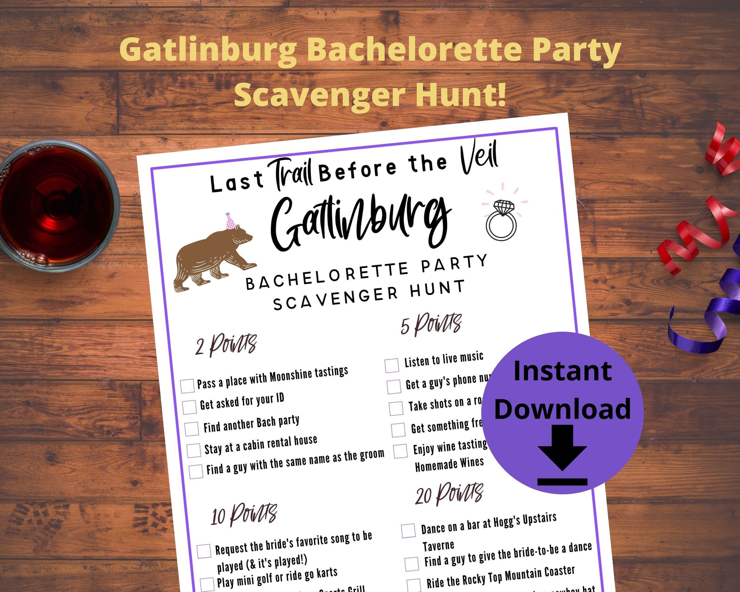 Gatlinburg Bachelorette Party Scavenger Hunt Game Printable image