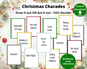 May include: Christmas Charades game with cards featuring holiday-themed prompts like "Ebeneezer Scrooge" and "Making Snow Angels." The cards are framed in various colors and the text "Draw it out OR Act it out - YOU Decide!" is displayed.