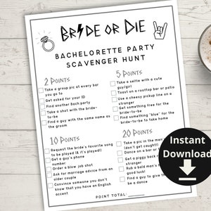Juego de búsqueda del tesoro para despedida de soltera de Bride or Die: juego de fiesta Rock n Roll Bach, juego de despedida de soltera Bar Hop