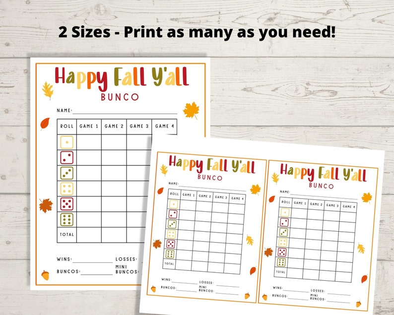 Op de afbeelding: Printbare scorekaart voor een "Happy Fall Y'all" Bunco-spel. De scorekaart heeft ruimte om de resultaten van vier rondes dobbelstenen te registreren. De scorekaart heeft ook ruimte om de totaalscore, overwinningen, verliezen en mini-buncos te registreren.
