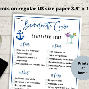 May include: A printable bachelorette party scavenger hunt game with a nautical theme. The game is printed on 8.5" x 11" paper and includes a list of tasks with points assigned to each. The tasks include finding a guy with the same name as the groom, taking a shot with the bride-to-be, and dancing on a bar or table.
