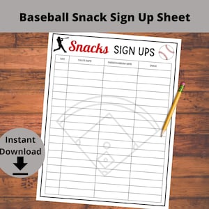 Baseball Snack Sign Up Sheet - Baseball Printable, Baseball Snacks Sign Up, Snack Sign Up Sheet