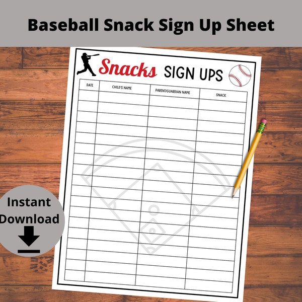 Baseball Snack Sign Up Sheet - Baseball Printable, Baseball Snacks Sign Up, Snack Sign Up Sheet