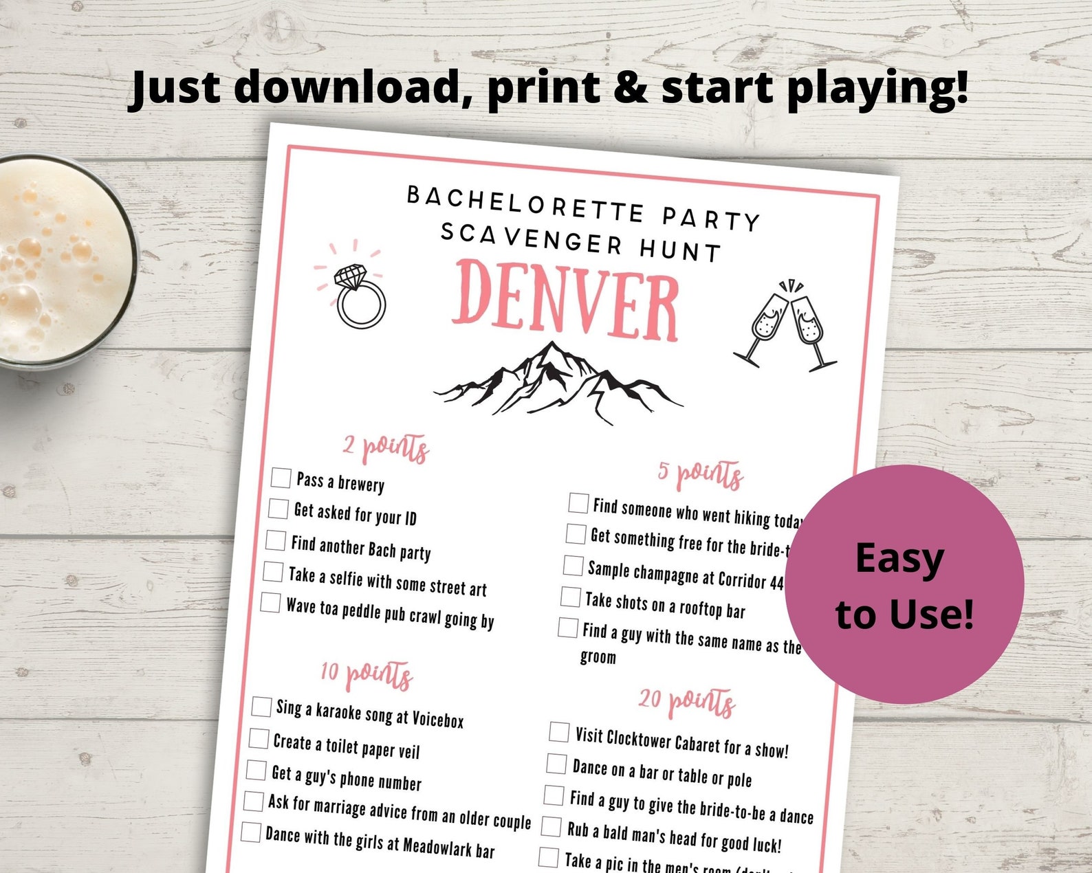 Denver Bachelorette Party Scavenger Hunt Game - Printable Bach Party