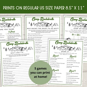 Peut inclure: Cinq cartes de jeu imprimables pour un enterrement de vie de jeune fille sur le th&egrave;me du camping. Les cartes sont imprim&eacute;es sur du papier blanc avec des bordures vertes et pr&eacute;sentent des illustrations en noir et blanc de montagnes, de tentes et d'arbres. Les jeux comprennent "Je vous d&eacute;fie", "Qui conna&icirc;t le mieux la future mari&eacute;e ?", "Jamais ou toujours", "Le plus susceptible de...", et "Buvez si..."