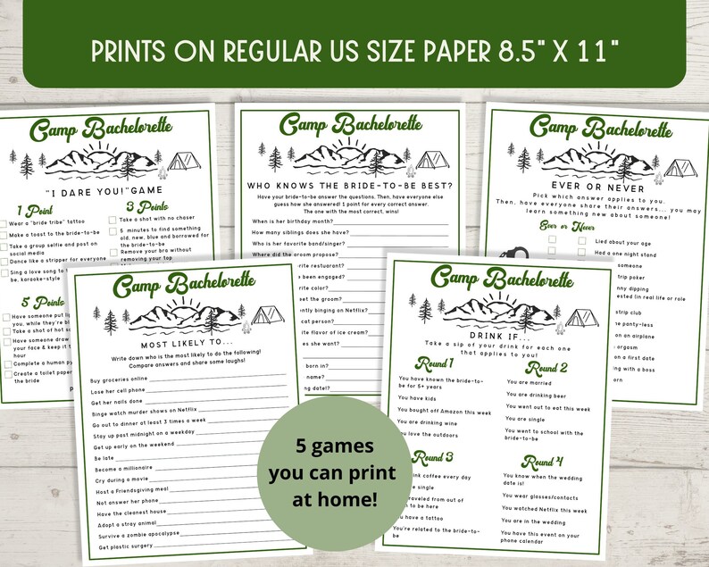 Peut inclure: Cinq cartes de jeu imprimables pour un enterrement de vie de jeune fille sur le th&egrave;me du camping. Les cartes sont imprim&eacute;es sur du papier blanc avec des bordures vertes et pr&eacute;sentent des illustrations en noir et blanc de montagnes, de tentes et d'arbres. Les jeux comprennent "Je vous d&eacute;fie", "Qui conna&icirc;t le mieux la future mari&eacute;e ?", "Jamais ou toujours", "Le plus susceptible de...", et "Buvez si..."