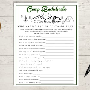Camp Bachelorette Who Knows Her Best Game - Camping Bachelorette Party, Outdoors Bachelorette, Who Knows The Bride Best Printable Game