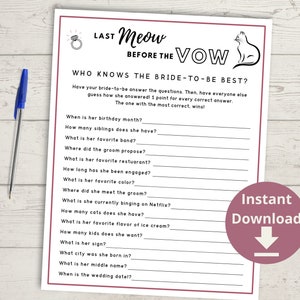 Cat Bachelorette Party Game - Who Knows Her Best, Getting Meowied Bachelorette Theme
