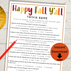 Fall Trivia Game - Autumn Trivia Quiz, Fall Printables, Printable Family Game