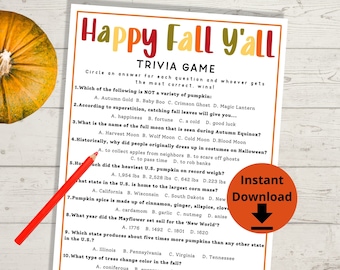 Fall Trivia Game - Autumn Trivia Quiz, Fall Printables, Printable Family Game