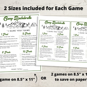 Peut inclure: Deux cartes de jeu imprimables pour un enterrement de vie de jeune fille sur le th&egrave;me du camping. Les cartes sont vertes et blanches avec un motif de montagne et de tente. Le texte sur les cartes indique "Camp Bachelorette" et "I Dare You! Game". Les cartes comprennent une liste de d&eacute;fis avec des points attribu&eacute;s &agrave; chaque d&eacute;fi. Les cartes sont disponibles en deux tailles&nbsp;: 8,5 pouces par 11 pouces ou 8,5 pouces par 11 pouces avec deux jeux par page.