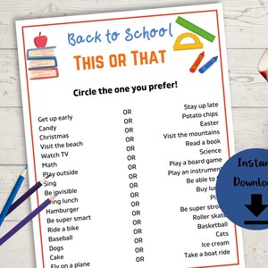 Back to School This or That Children&#39;s Game - First Day of School Printable, School Activity, Would You Rather
