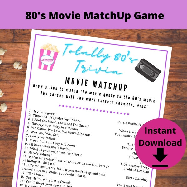 80's Movie Matchup Trivia Game - Jeu d'anniversaire sur le thème des années 80, Jeux de fête des années 80