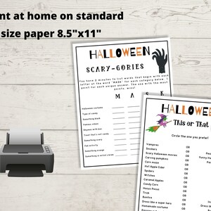 May include: Two printable Halloween game sheets. The first sheet is a word game called "Scary-Gories" with instructions to list words that begin with each letter of the word "MASK". The second sheet is a "This or That" game with a list of Halloween-themed choices to circle.