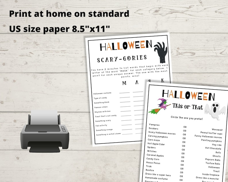 May include: Two printable Halloween game sheets. The first sheet is a word game called "Scary-Gories" with instructions to list words that begin with each letter of the word "MASK". The second sheet is a "This or That" game with a list of Halloween-themed choices to circle.