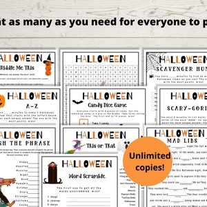 May include: A set of printable Halloween party games. The games include a scavenger hunt, a word scramble, a riddle, a "this or that" game, a "finish the phrase" game, a "scary-gories" game, a candy dice game, and a mad libs game. The games are all black and orange with Halloween-themed graphics.