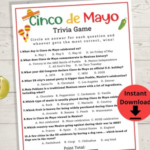 Cinco de Mayo Trivia - Cinco de Mayo Game, Cinco de Mayo Party Game, Trivia Game, May 5th