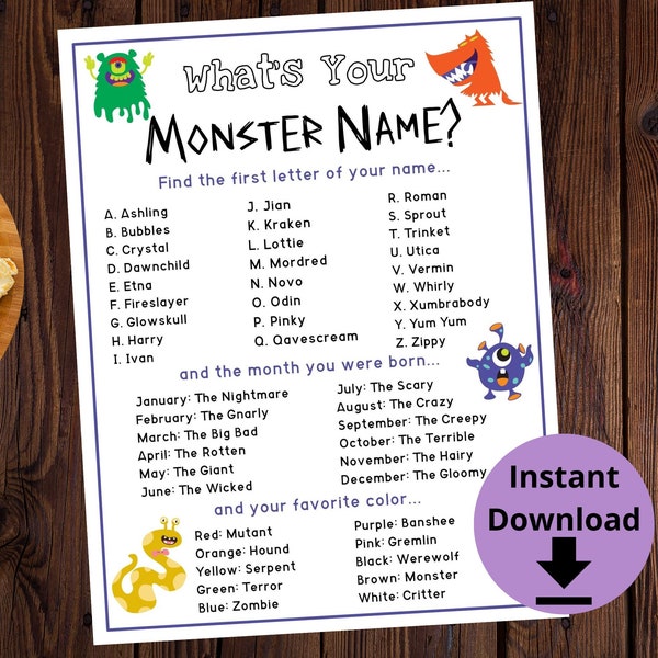 What's Your Monster Name Halloween Activity - Halloween Party Printable, Monster Party Game, Monster Halloween Name Game, Monster Printable