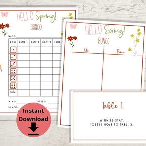 Spring Bunco - Imprimíveis Spring Bunco, jogo Bunco, números de mesa Bunco, cartões de pontuação Bunco de abril, planilhas de pontuação Bunco para festa de primavera