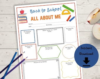 All About Me Back to School Worksheet - Children's Get to Know You Game, Student Questionnaire, Classroom Aid