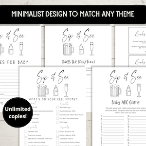 May include: A set of printable baby shower game cards with a minimalist design. The cards feature a black and white illustration of a beer bottle, a baby bottle, and a champagne flute. The text on the cards includes "Sip & See", "Wishes for Baby", "Guess the Baby Food", "What's on Your Cell Phone?", "Books for Baby", and "Baby ABC Game".