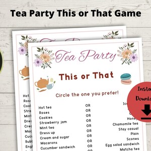 Tea Party Game - This or That Printable Game, High Tea Activity, Kids Tea Party
