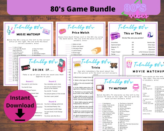 80's Game Bundle - 80s Trivia, 80s Theme Party Games, 80s Bachelorette Games, 40th Birthday Games, 50th Birthday Games