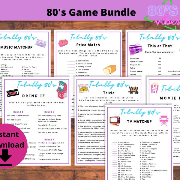 80's Game Bundle - 80s Trivia, 80s Theme Party Games, 80s Bachelorette Games, 40th Birthday Games, 50th Birthday Games