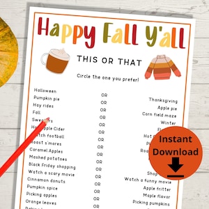 Fall This or That Game - Fall Printables, Autumn Would You Rather, Kids Game, Fall Birthday Party Game
