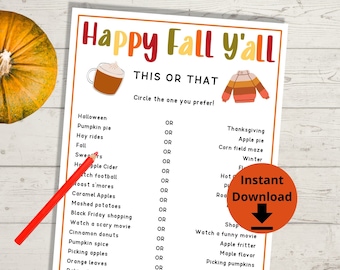 Fall This or That Game - Fall Printables, Autumn Would You Rather, Kids Game, Fall Birthday Party Game