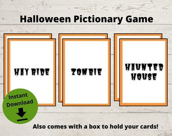 Peut inclure: Cartes de jeu de Pictionary d'Halloween avec des bordures orange et du texte noir. Les cartes affichent les mots "HAY RIDE", "ZOMBIE" et "HAUNTED HOUSE". Un cercle vert avec "Téléchargement instantané" est également visible.