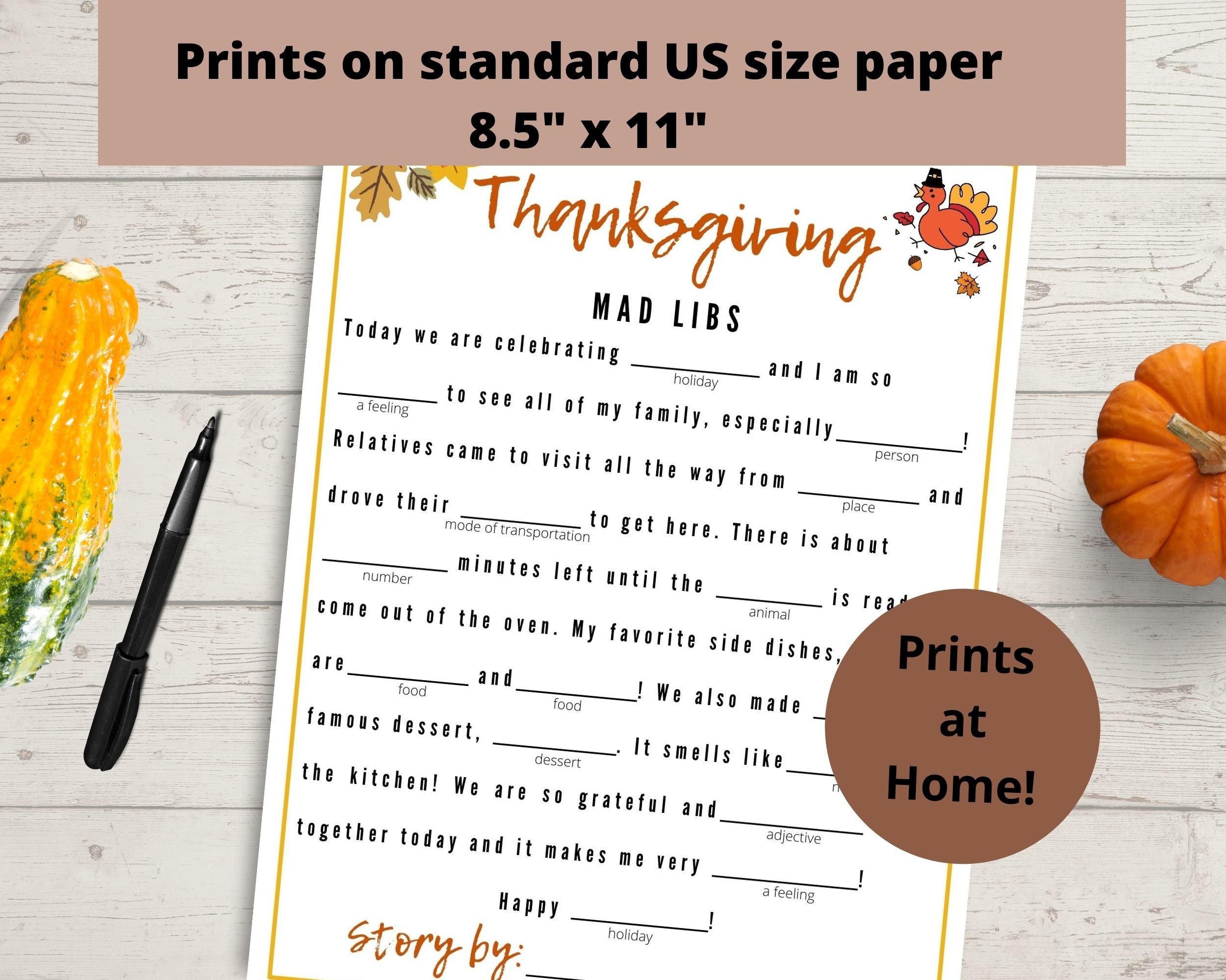 Thanksgiving Mad Libs Game Children's Thanksgiving Party Game, Kids