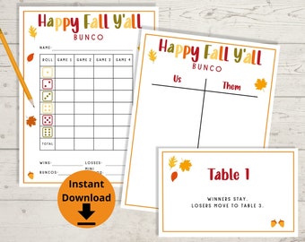 Fall Bunco - Happy Fall Y'all Bunco Printables, Bunco Game, Bunco Table Numbers, Autumn Bunco Score Cards, Bunco Score Sheets