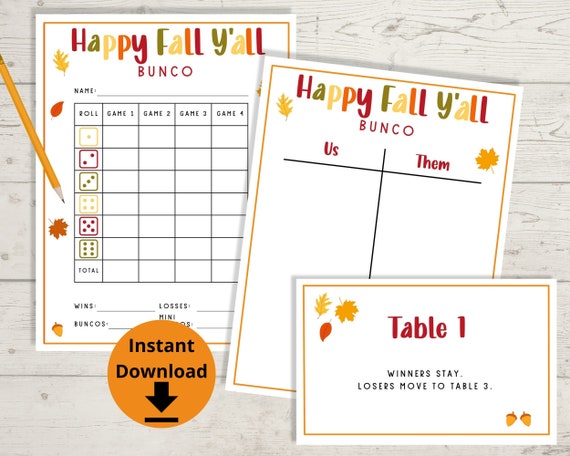 Fall Bunco - Happy Fall Y'all Bunco Printables, Bunco Game, Bunco Table Numbers, Autumn Bunco Score Cards, Bunco Score Sheets