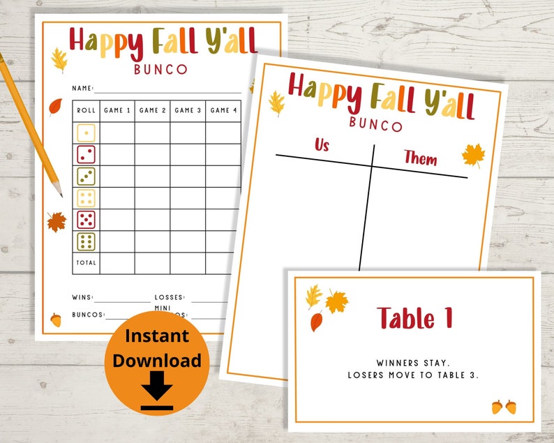 Op de afbeelding: Printbare spelkaarten voor een herfst-Bunco-spel. De kaarten hebben een herfstbladerenontwerp en de tekst "Happy Fall Y'all Bunco". E&eacute;n kaart is een scorekaart met ruimte voor de naam van de speler, de worp en de scores voor vier spellen. Een andere kaart is een scorekaart voor twee teams, "Wij" en "Zij". De derde kaart is een tafelkaart met de tekst "Tafel 1 Winnaars blijven. Verliezers gaan naar tafel 3."