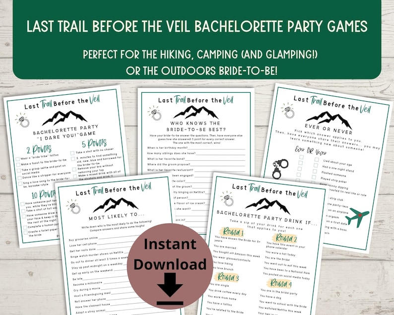 Last Trail Before the Veil Bachelorette Party Game Bundle - Camp Bachelorette Games, Hiking Bachelorette Printable image 1