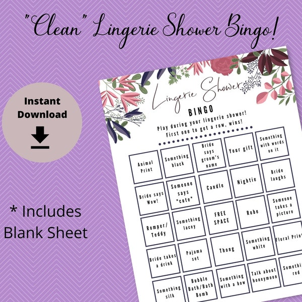 Clean Lingerie Shower Bingo Game - Lingerie Shower Bingo Printable Cards