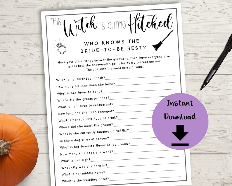 Witch Bachelorette Party Who Knows The Bride Best Game - This Witch is Getting Hitched, Halloween Hen Party Games, Fall Autumn Bach image 1