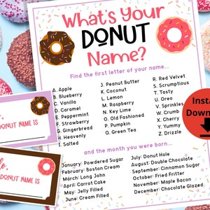 What&#39;s Your Donut Name Game - Name Generator, Donut Birthday Party, Birthday Game, Doughnut Party
